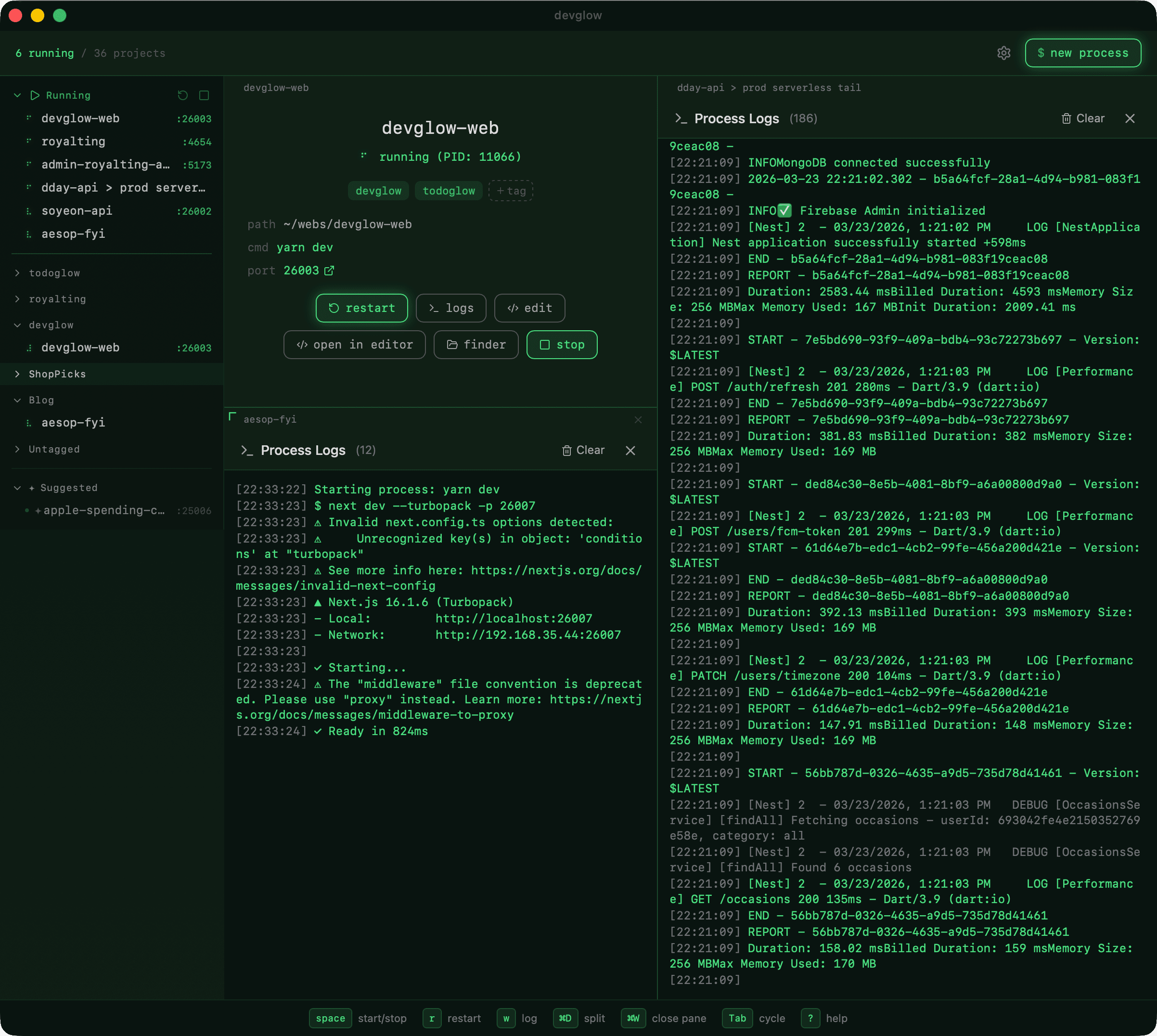 devglow split panes monitoring multiple processes