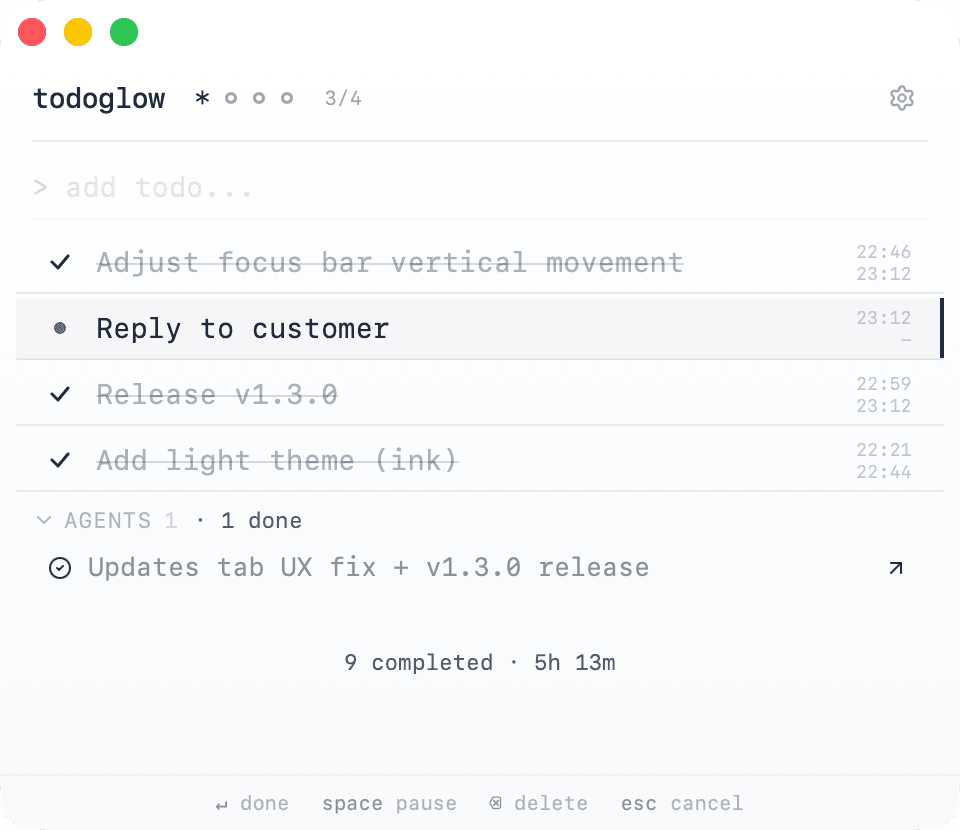 todoglow light ink theme - clean white background with dark text