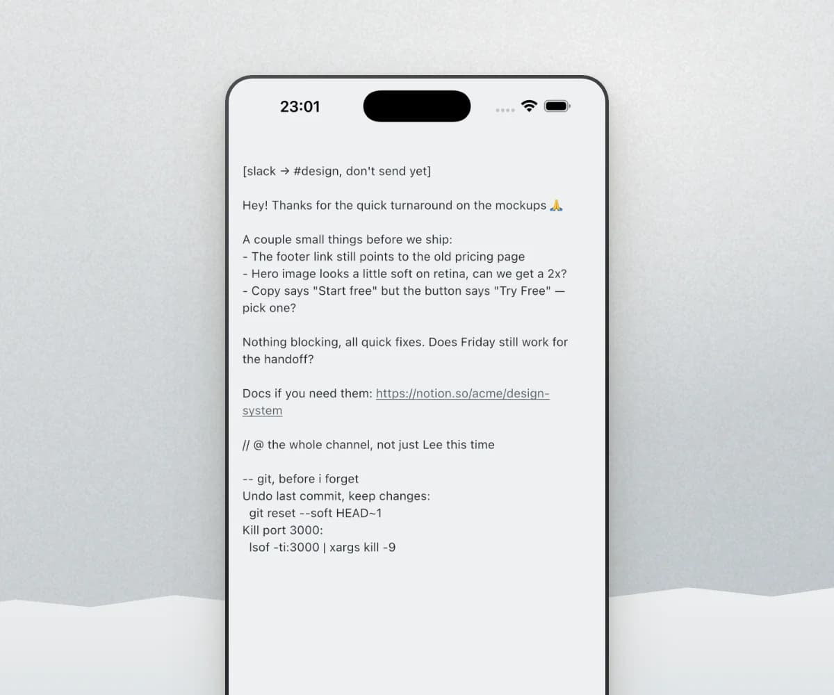 noglow on iPhone — a slot holding an unsent Slack message to a design channel, with git commands pasted underneath