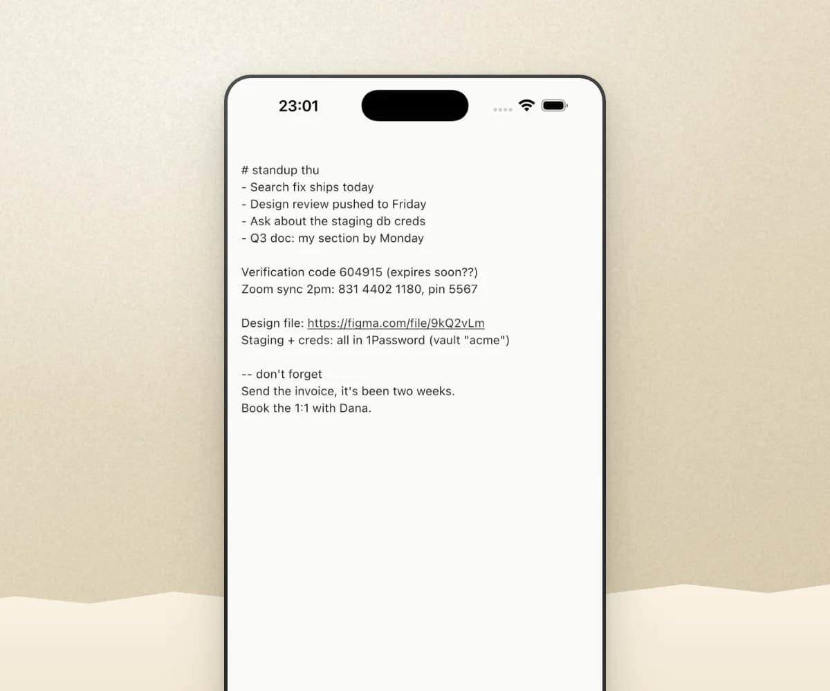 noglow on iPhone — a slot holding a standup list, a verification code, a Zoom ID and a Figma link