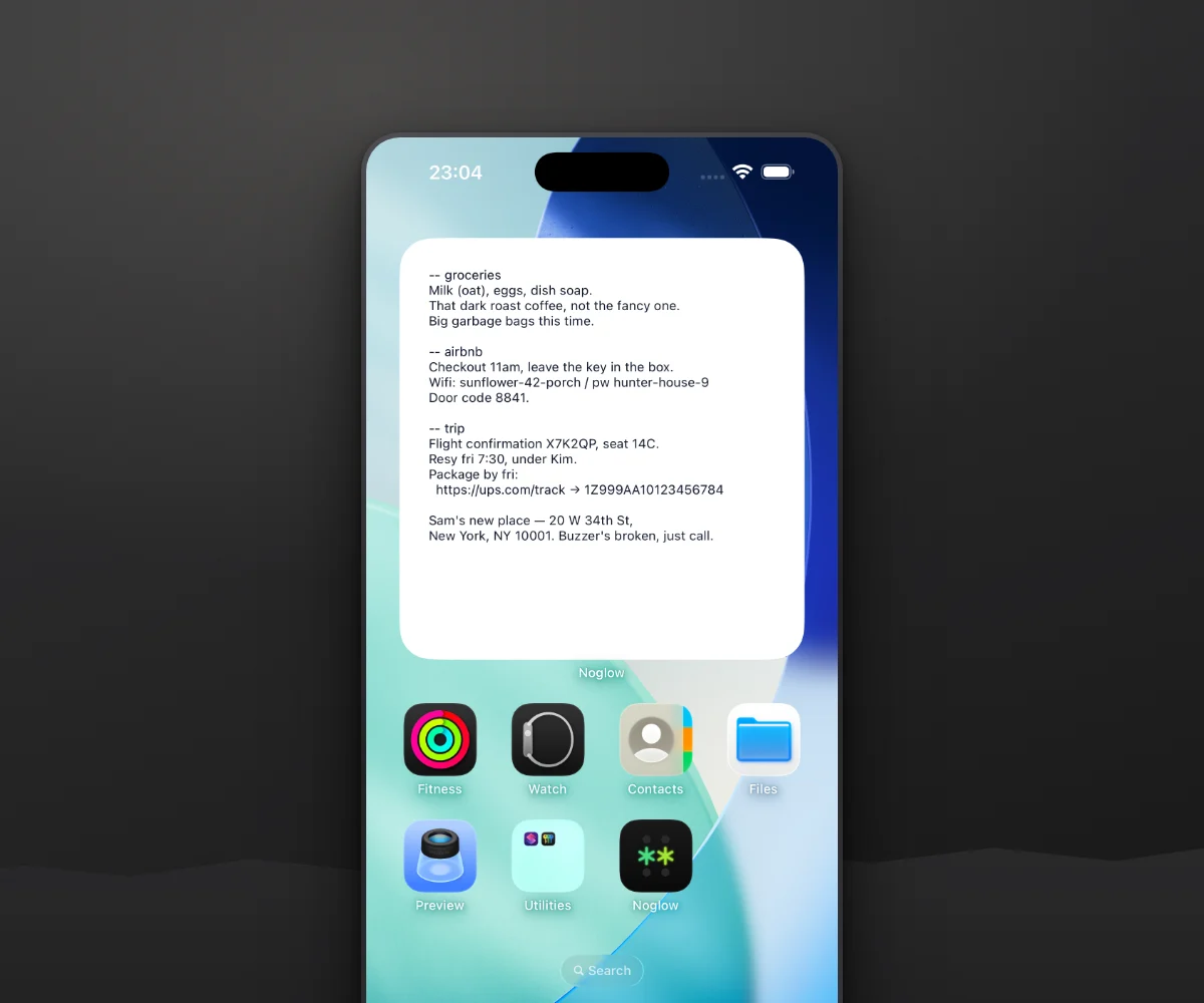 noglow widget on an iPhone home screen, showing a slot with groceries, wifi details and trip notes
