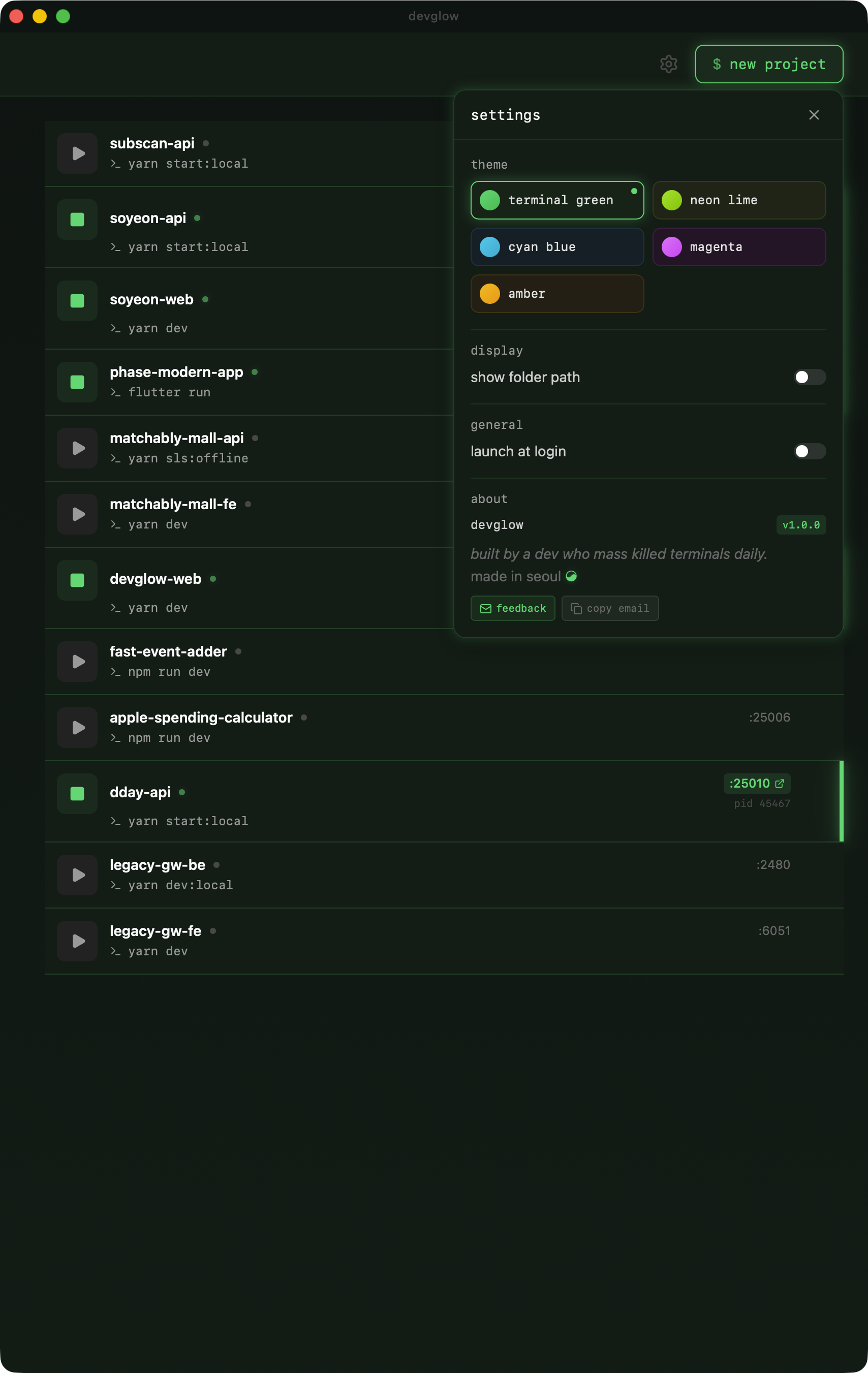 devglow settings with theme options